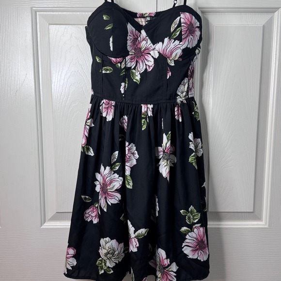 Band of Gypsies Floral Print Dress Black Pink White Bustier Sundress L Sweethear - Picture 2 of 8